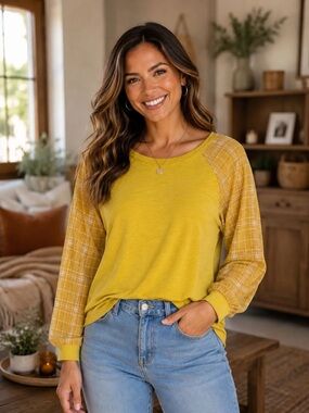 Umgee Mustard Yellow Plaid Raglan Sleeve Top